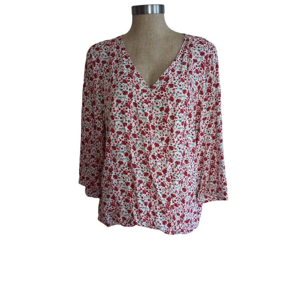 Jane and Delancey Womens Tunic Blouse Sz L Hi Low Red Floral Wrap Flowy Boho